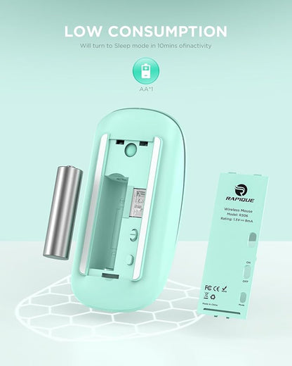 RAPIQUE R306 Wireless Mouse, Green, Bluetooth, USB, 480 hours battery life, 1600 DPI, Compatible with Windows, MacOS, Chromebook, Surface Pro, Laptops, PCs, and Computers