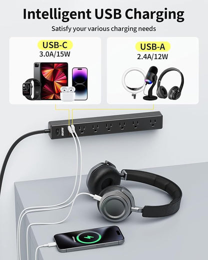 2 Pack Power Strip Surge Protector - 7 Outlets 4 USB Ports (2 USB C), 6 Ft Ultra Thin Flat Plug Extension Cord, 1875W/15A, 1700 Joules, Wall Mount for Home Office Dorm, Black