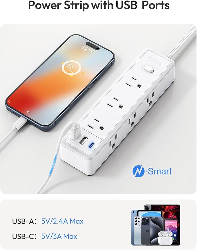Surge Protector Power Strip 10 FT, Flat Extension Cord with 9 Widely Outlets 3 USB Ports(1 USB C), 1080J, Flat Plug, 3 Side Extension Cord with Multiple Outlets, Mounted, for Indoor Home Office, White