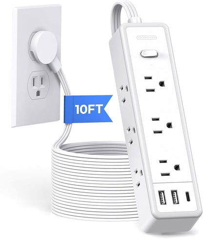 Surge Protector Power Strip 10 FT, Flat Extension Cord with 9 Widely Outlets 3 USB Ports(1 USB C), 1080J, Flat Plug, 3 Side Extension Cord with Multiple Outlets, Mounted, for Indoor Home Office, White