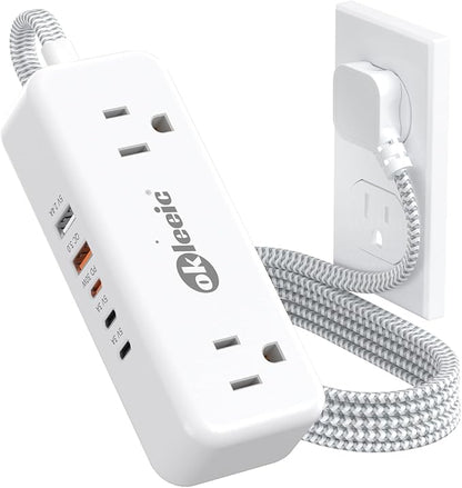 PD30W USB C Travel Power Strip,Cruise Power Strip with 5 USB(3 USB-C) Ports and 4 Outlets, Braided Extension Cord 5Ft, 30W Fast Charging Station Compatible with MacBook Laptops iPad Pro iPhone Samsung