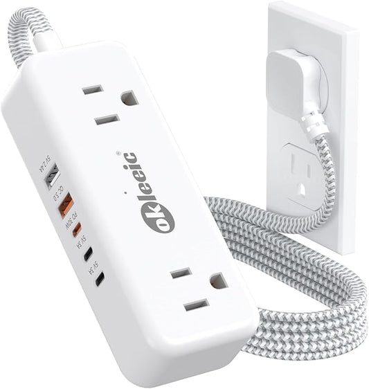 PD30W USB C Travel Power Strip,Cruise Power Strip with 5 USB(3 USB-C) Ports and 4 Outlets, Braided Extension Cord 5Ft, 30W Fast Charging Station Compatible with MacBook Laptops iPad Pro iPhone Samsung