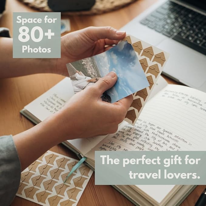Travel Journal – Memory Book for Trips and Vacations – Journal and Photo Album – 136 Pages for 15 Adventures. Includes Photo Corner Stickers. Gift Sleeve Included. Travel Gift for Women and Men
