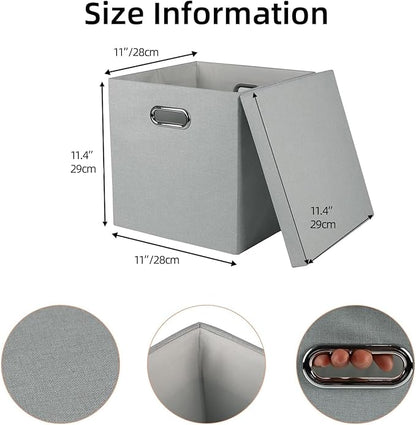 Storage Bins with Lids, Collapsible Linen Fabric Boxes Organizer Containers with Lid Foldable Storage Box Basket for Closet, Shelves, Home, Office, 11 x 11 x 11.4 Inch, 4 Pack, Gray