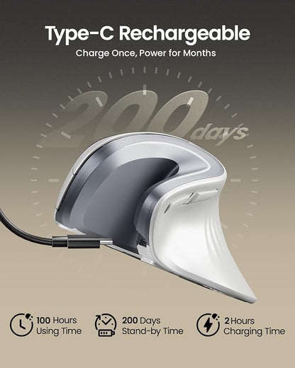ProtoArc Ergonomic Mouse, EM11 NL Wireless Vertical Mouse, Ergo Mouse with Multi-Device, USB-C Rechargeable Mice for Windows, Mac OS, PC/Notebook/Laptop,White