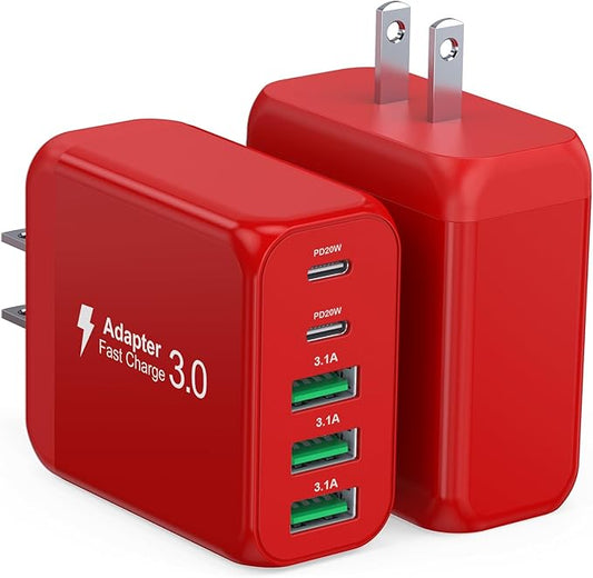 60W USB C Wall Charger, 2Pack 5-Port C Charger Fast Charging Block PD Power Adapter +QC 3.0 Multiport Type C Box Brick Cube USB A Wall Plug for iPhone 14/15/16/17 Pro Max, iPad,Samsung Galaxy(Red)