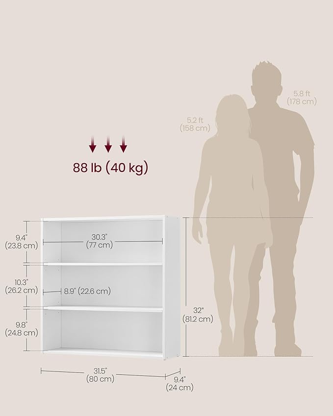 VASAGLE Custos Collection - Bookshelf, 3-Tier Bookcase, Book Shelf, Open Storage Shelf, 9.4 x 31.5 x 32 Inches, for Living Room, Home Office, Dinning Room, Cloud White ULBC173T14