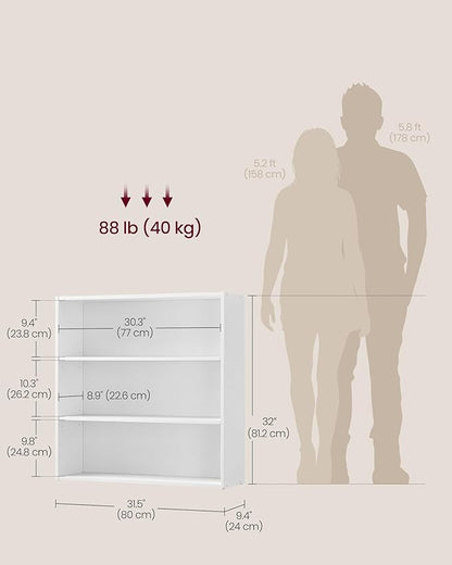 VASAGLE Custos Collection - Bookshelf, 3-Tier Bookcase, Book Shelf, Open Storage Shelf, 9.4 x 31.5 x 32 Inches, for Living Room, Home Office, Dinning Room, Cloud White ULBC173T14