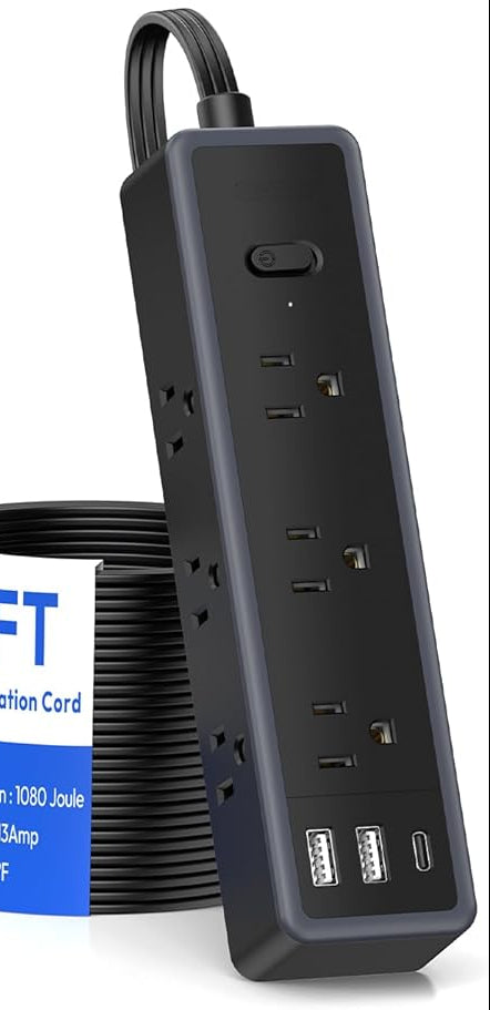 Flat Extension Cord 15 FT，Surge Protector Power Strip with 9 Widely Outlets and 3 USB Ports (1 USB-C), Flat Extension Cord with Multiple Outlets, 1080 Joule, Wall Mount, for Home Office, Dorm,Black