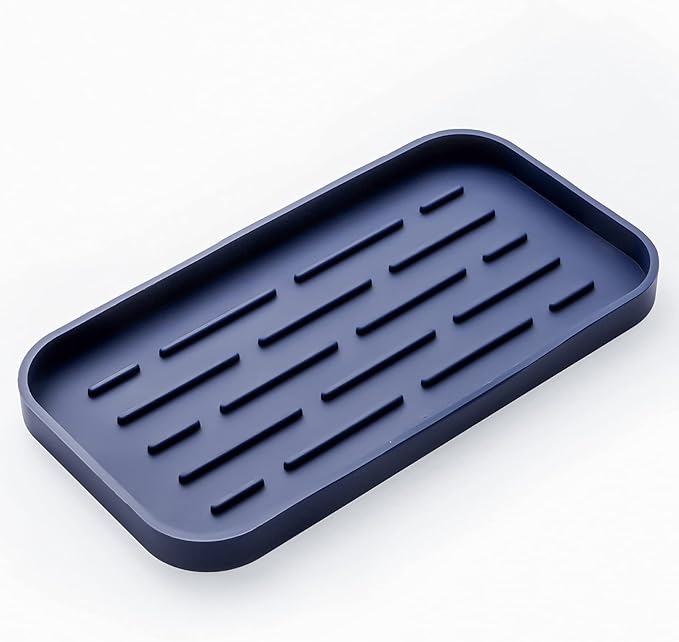 Silicone Kitchen Sink Organizer Tray for Multiple Usage,Eco-Friendly Sponges Holder for Kitchen Bathroom Counter or Sink,Dish Soap Dispenser,Scrubber,Bottle,Cup (Navy Blue, 10"×5.3")