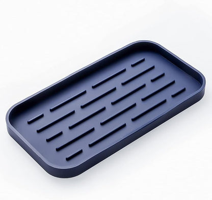 Silicone Kitchen Sink Organizer Tray for Multiple Usage,Eco-Friendly Sponges Holder for Kitchen Bathroom Counter or Sink,Dish Soap Dispenser,Scrubber,Bottle,Cup (Navy Blue, 10"×5.3")