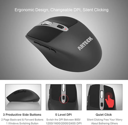 Arteck Wireless Mouse, 2.4G USB Wireless Ergonomic Optical Mouse, with Nano USB Receiver Silent Clicking Side Switch Buttons for Computer/Desktop/PC/Laptop and Windows 11/10 Rechargeable Battery