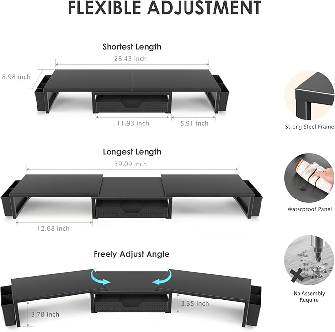 Desk Organizers and Accessories, Dual Monitor Stand Riser with Drawer and 2 Pen Holders, Desk Shelf Metal Computer Racks for Office Workspace Organizers, Desktop Organization (Black)