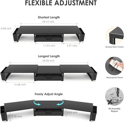 Desk Organizers and Accessories, Dual Monitor Stand Riser with Drawer and 2 Pen Holders, Desk Shelf Metal Computer Racks for Office Workspace Organizers, Desktop Organization (Black)