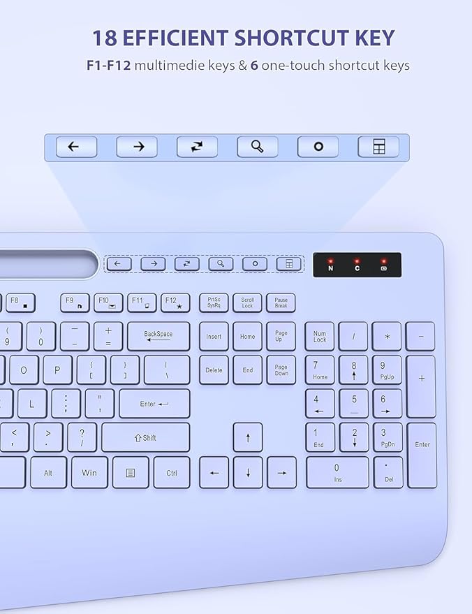 SABLUTE Wireless Keyboard and Mouse, Wrist Rest, Phone Holder, Batteries Included, 2.4G Lag-Free Ergonomic Keyboards Mouse Combo, Silent Keyboard Cordless Set for Computer, Laptop, PC, Windows, Purple