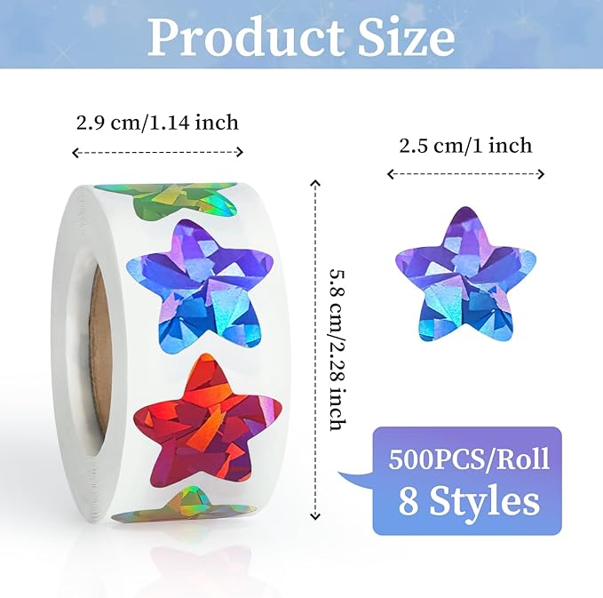 500PCS Multi-Color Star Stickers for Kids Reward, 1 inch Holographic Star Stickers for DIY, Crafts, Behavior Chart, Student Planner, School and Classroom Teacher Supplies, 8 Colors
