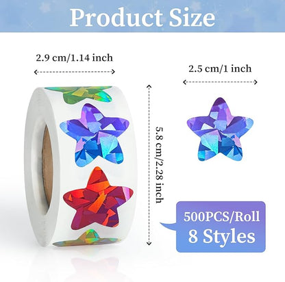 500PCS Multi-Color Star Stickers for Kids Reward, 1 inch Holographic Star Stickers for DIY, Crafts, Behavior Chart, Student Planner, School and Classroom Teacher Supplies, 8 Colors
