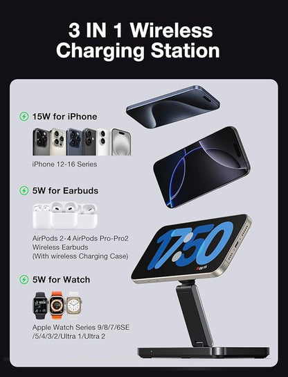 3 in 1 Charging Station for Apple/iPhone Apple Watch Charging Station/Magsafe with Wireless Charger Stand/iPhone Watch Charger Station/Wireless Charger for iPhone 16/15/14/13/12, Apple Watch, AirPods