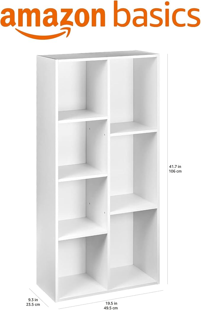 Amazon Basics 7 Cube Organizer Bookcase Shelf, Storage for Home and Office, 9.25"D x 19.49"W x 41.73"H, White