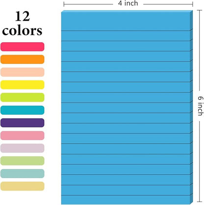 NESCCI 12 Pads Lined Sticky Notes 4x6 Sticky Notes with Lines Self-Stick Note Pads 12 Bright Multi Colors Big Rectangular Sticky Note for Office,Home,School, Meeting, 33 Sheet/Pad