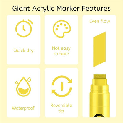 3 Pcs Yellow Jumbo Permanent Markers: 15mm Wide Tip Thick Acrylic Paint Pen Large Calligraphy Marker for Rock Painting, Poster, Sign, Canvas, Glass, Wood, Ceramic