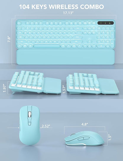 Wireless Keyboard and Mouse Backlit - Typewriter Keyboard with Retro Round Keycaps, Detachable Wrist Rest, Light Up Letters, 2.4G Rechargeable Combo for Mac, Windows, PC, Laptop, Trueque (Aqua Blue)