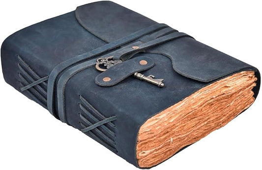 LEATHER VILLAGE Vintage Leather Journal – 200 Handmade Vintage Deckle Edge Paper – Leather bound Journal For Women Men – Vintage Key Closure - Book of Shadows - Blue - 6X4 inches (A6)