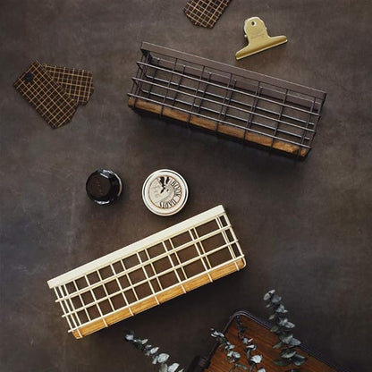 TIEYIPIN Small Metal Wire Storage Basket, Detachable Wood Base Storage Organizer Bin Basket for Kitchen Cabinets, Bathroom, Pantry, Garage, Laundry Room - Brown (2 Pack)