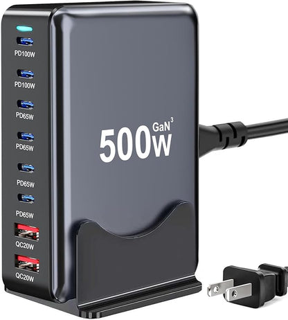 500W USB C Charger Block, 8-Port Fast USB Charging Station Dual PD 100W GaN Ⅲ Pro Charging Station For Multiple Devices, Laptop Charger Adapter Compatible with MacBook, DELL, iPad, iPhone, Samsung etc