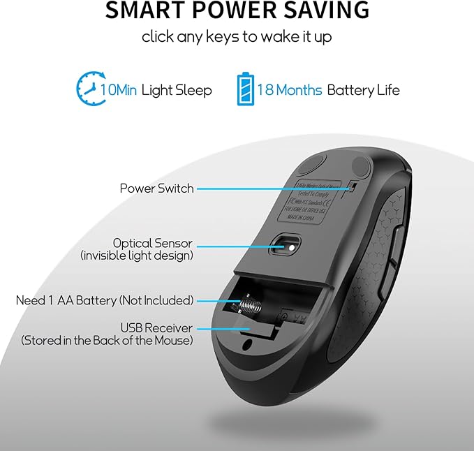 Wireless Mouse with Side Buttons for Laptop, PC, Chromebook, Mac, MacBook, Silent Mouse with USB Nano Receiver, 1000/1600/2400 DPI, Anti Slip Roller, 6-Button Ergonomic design No Light Design- Black