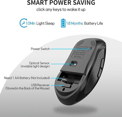 Wireless Mouse with Side Buttons for Laptop, PC, Chromebook, Mac, MacBook, Silent Mouse with USB Nano Receiver, 1000/1600/2400 DPI, Anti Slip Roller, 6-Button Ergonomic design No Light Design- Black