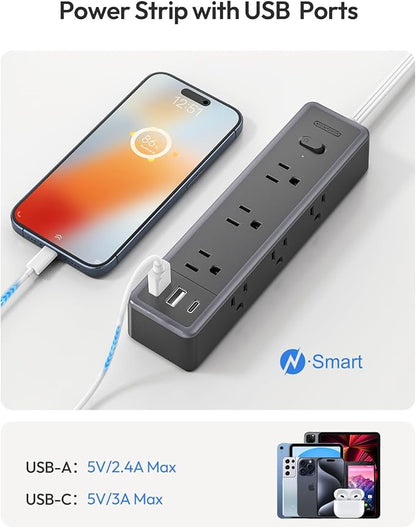 Surge Protector Power Strip,9 Widely Outlets and 3 USB Ports (1 USB-C), 1080 Joules, 10 FT Flat Extension Cord with Multiple Outlets, Wall Mount, Flat Plug, for Home Office, Dorm Essentials, White