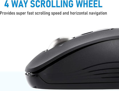 Wireless Mouse with 2 Bluetooth and 1 USB, 4-Way Scrolling, Full Size Mouse, Silent, Long Battery Life, Adjustable Cursor Speed, for Computer, Laptop, Tablets, iPad, Desktop, MacBook (No Side buttons)