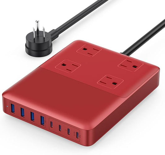12-in-1 Charging Station USB C Power Strip with 5ft Cord,200W GaN IV USB C Charger Block,4 AC Outlets,4 USB-A,4 USB-C for MacBook,iPhone 16/15/14,Fast Charging Desktop Charger for Office (Red)