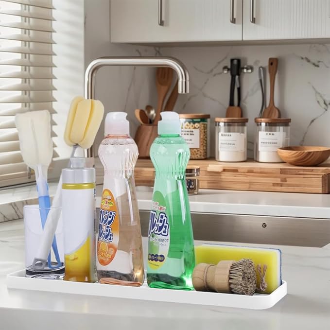 Silicone Organizer Tray for Kitchen Sinks and Bathrooms. Dishwasher-Safe, Non-Slip Countertop Tray, Bathroom Drawer Organizer Trays. Perfect for Makeup & Trinkets (White L 1PC)