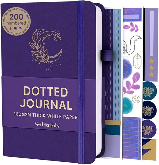 VIVID SCRIBBLES A5 Bullet Dotted Journal Notebook, 160gsm Bleed-Proof Thick Paper, 200 Numbered Dot Grid Pages, 5.8 x 8.3 Inch (Purple)