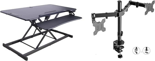 Rocelco 46" Electric Standing Desk Converter with AC Outlet USB Charger and Dual Monitor Arm Mount - Motorized Adjustable Sit Stand Riser - Tabletop Workstation Keyboard Tray - Black (R EDRB-46-DM2)
