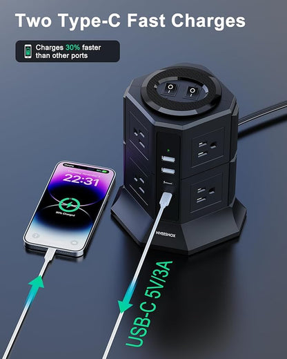 Surge Protector Power Strip Tower with 8 AC Outlets 4 USB Ports(2 Type C), 6.5 FT Ultra Flat Extension Cord, Flat Plug Power Strips Tower with Surge Protection for Home, Office, Dorm