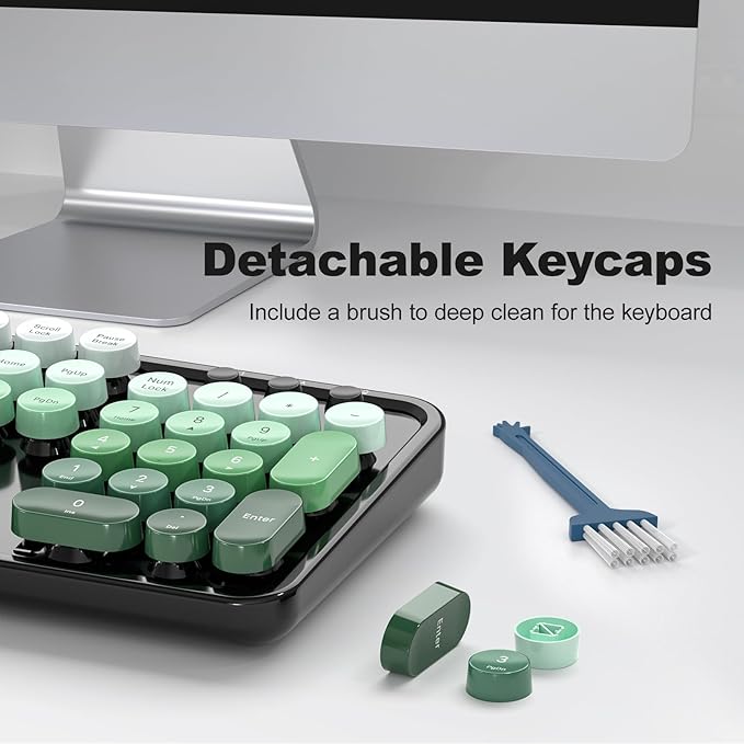 Wireless Keyboard and Mouse Combo, MOWUX Full Size Typewriter Retro Round Computer Keyboard, Cute Optical Mouse Wireless, Plug and Play, for Laptop, PC, Computer-Green Gradient Colorful