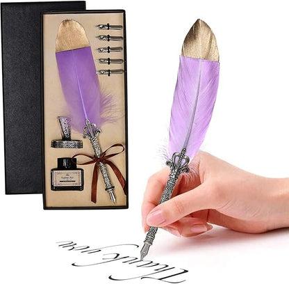 Quill Feather Pen and Ink Set,Calligraphy Set,Calligraphy Kits Include Antique Quill Feather Pen,6 Nibs,1 Bottles Inks,Pen Holder for Beginners Birthday Gift（Purple）