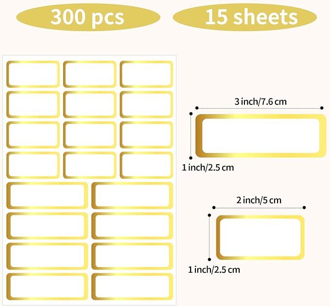 Gold Labels Stickers, Removable Blank Labels Gold Border, Self-Adhesive Rectangular Stickers Water/Oil/Tear Resistant for Storage, Classroom, Home (2 Size, 300 Sheet)