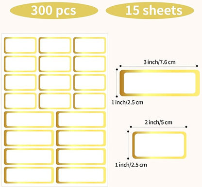 Gold Labels Stickers, Removable Blank Labels Gold Border, Self-Adhesive Rectangular Stickers Water/Oil/Tear Resistant for Storage, Classroom, Home (2 Size, 300 Sheet)