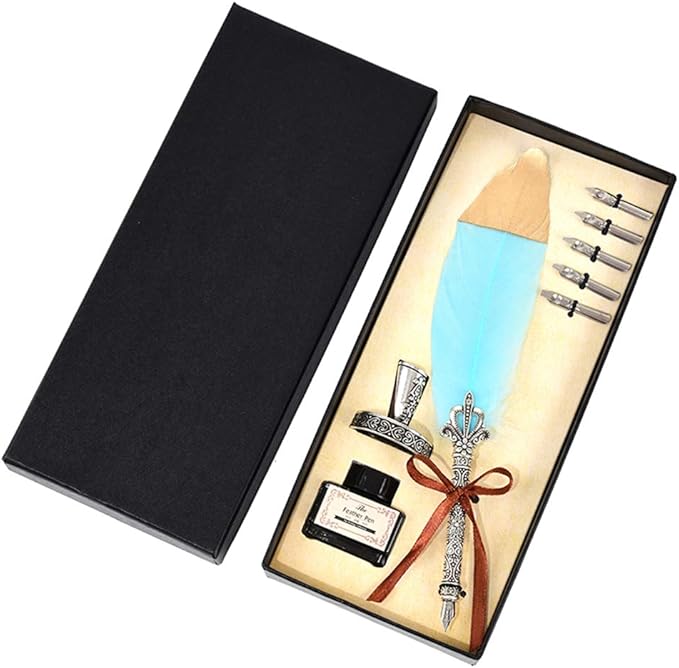 Quill Feather Pen and Ink Set,Calligraphy Set,Calligraphy Kits Include Antique Quill Feather Pen,6 Nibs,1 Bottles Inks,Pen Holder for Beginners Birthday Gift (Sky Blue)