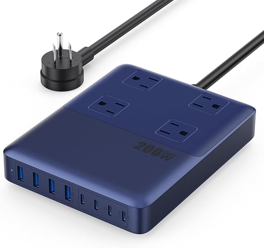 12-in-1 Charging Station USB C Power Strip with 5ft Cord,200W GaN IV USB C Charger Block,4 AC Outlets,4 USB-A,4 USB-C for MacBook,iPhone 16/15/14,Fast Charging Desktop Charger for Office (A-Blue)