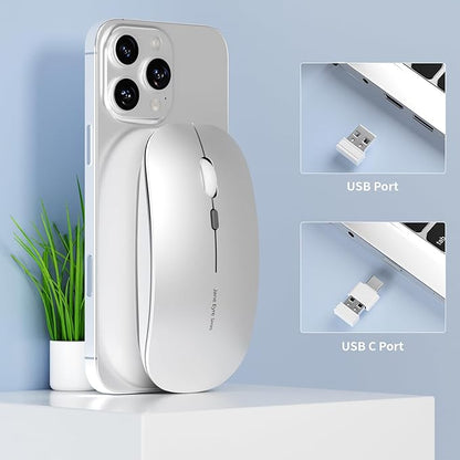 Q5 Slim Rechargeable Wireless Mouse, 2.4G Portable Optical Silent Ultra Thin Wireless Computer Mouse with USB Receiver and Type C Adapter, Compatible with PC, Laptop, Notebook, Desktop (Silver)