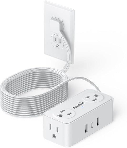 10Ft Power Strip with Surge Protector, 4 Outlets 3 USB Ports Extension Cord, Flat Plug Charging Station for Home Office Desk & College Dorm Essentials, White