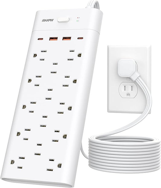 Power Strip Surge Protector Outlet Extender with 14 Outlets and 4 USB Ports (2 USB C), 10 Ft Extension Cord & Flat Plug, 1700 Joules, Wall Mount for Home, Office, Dorm, White