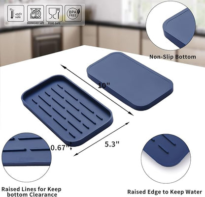Silicone Kitchen Sink Organizer Tray for Multiple Usage,Eco-Friendly Sponges Holder for Kitchen Bathroom Counter or Sink,Dish Soap Dispenser,Scrubber,Bottle,Cup (Navy Blue, 10"×5.3")
