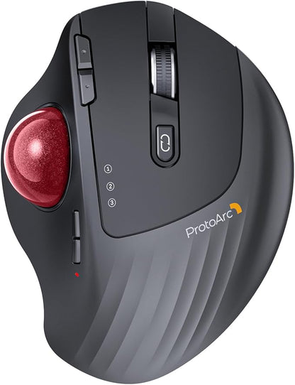 ProtoArc Wireless Trackball Mouse, EM01 NL Ergonomic Bluetooth Rollerball Thumb Rechargeable Computer Laptop Mouse, Adjustable Angle & 3 Device Connection for PC, Mac, Windows-Red Ball
