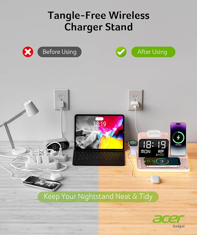 Acer 7-in-1 Wireless Charging Station with LED Clock - 30W Fast Wireless Charger for iPhone 16/15/14/13/12/Pro Max, Apple Watch, AirPods - Bluetooth Auto Time Sync & Night Lights (Pink)